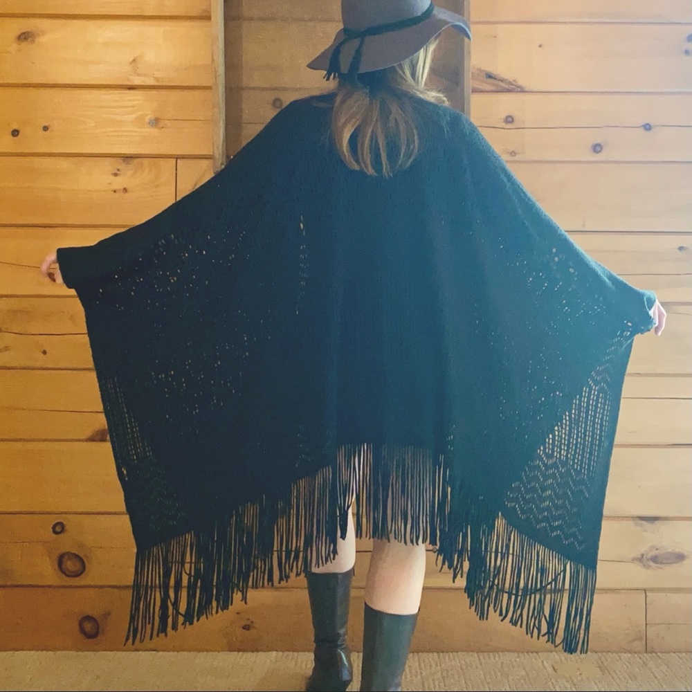 Boho crochet fringe poncho shawl